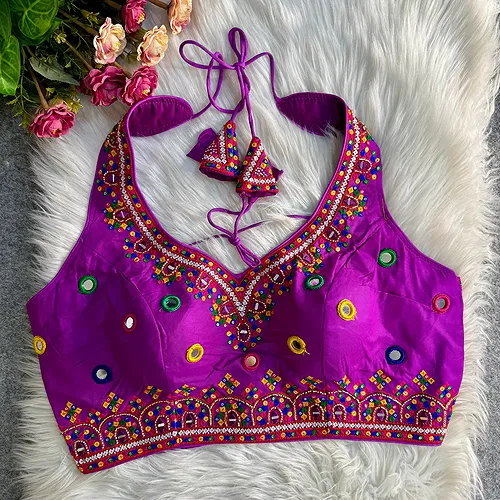 Purple Navratri Special Heavy Embroidery Sequence Mirror Work Readymade Blouse