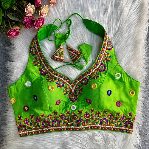 Green Navratri Special Heavy Embroidery Sequence Mirror Work Readymade Blouse