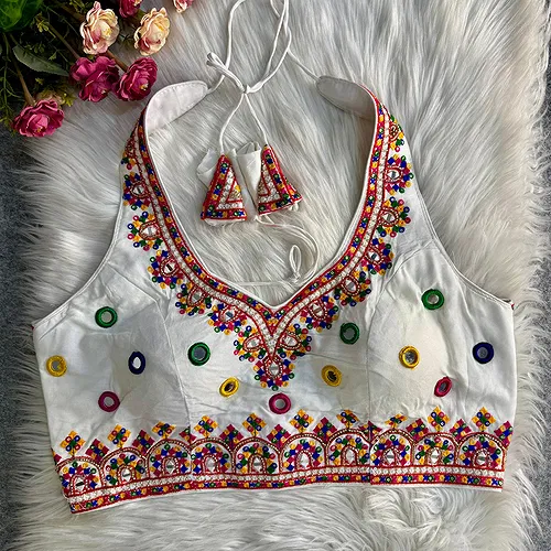 White Navratri Special Heavy Embroidery Sequence Mirror Work Readymade Blouse