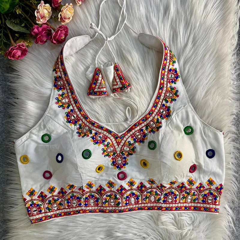 White Navratri Special Heavy Embroidery Sequence Mirror Work Readymade Blouse
