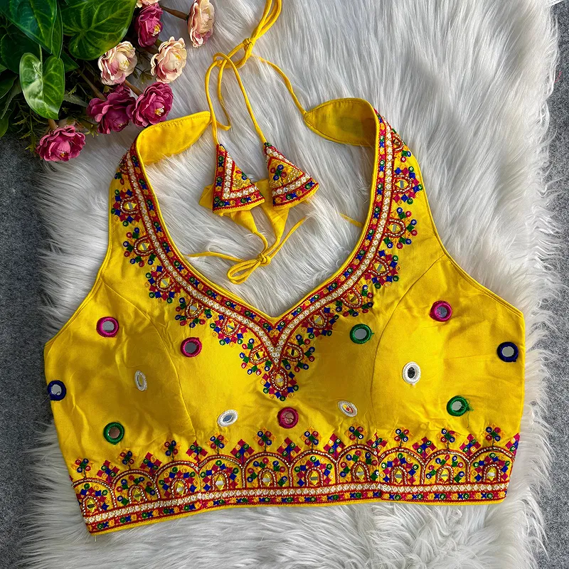 Yellow Navratri Special Heavy Embroidery Sequence Mirror Work Readymade Blouse