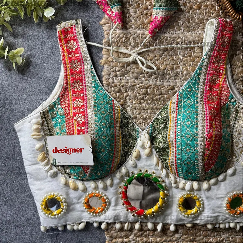 White Navratri Special Heavy Mirror Work Readymade Blouse