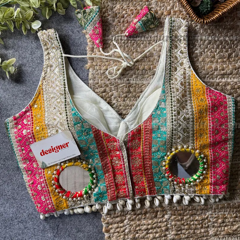 White Navratri Special Heavy Mirror Work Readymade Blouse