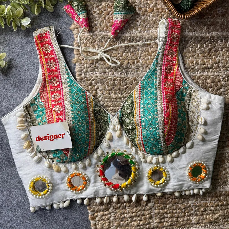 White Navratri Special Heavy Mirror Work Readymade Blouse