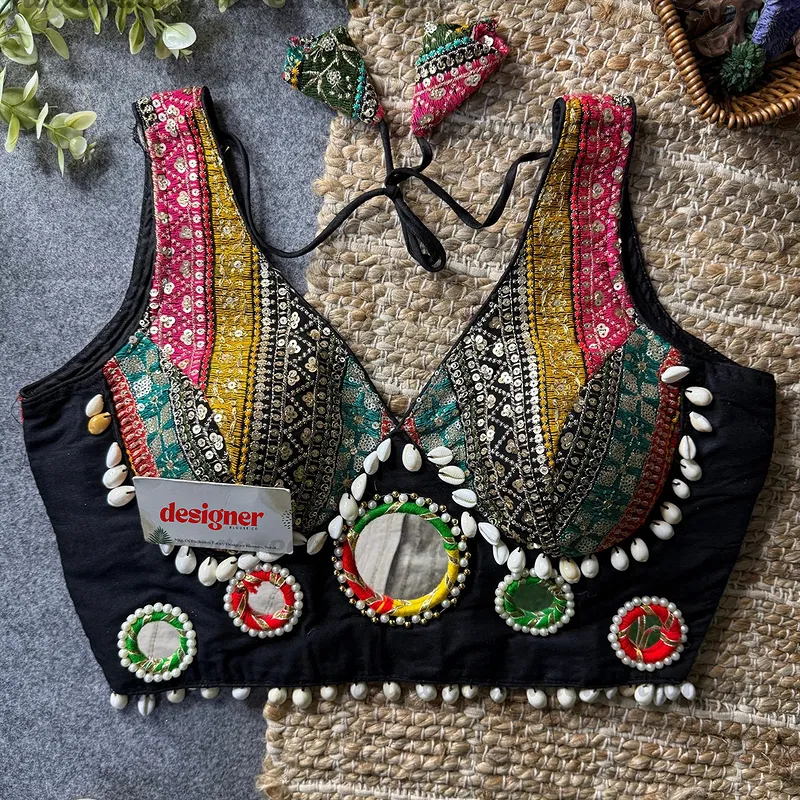Black Navratri Special Heavy Mirror Work Readymade Blouse