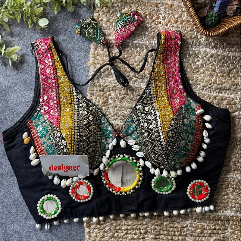 Black Navratri Special Heavy Mirror Work Readymade Blouse
