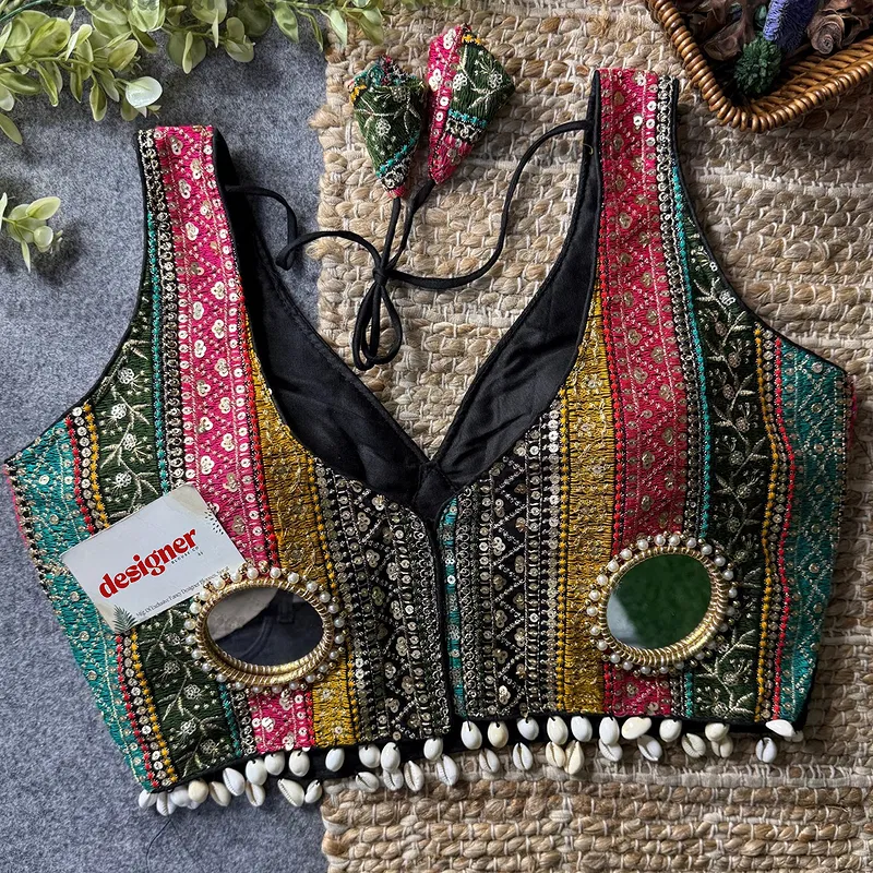 Black Navratri Special Heavy Mirror Work Readymade Blouse