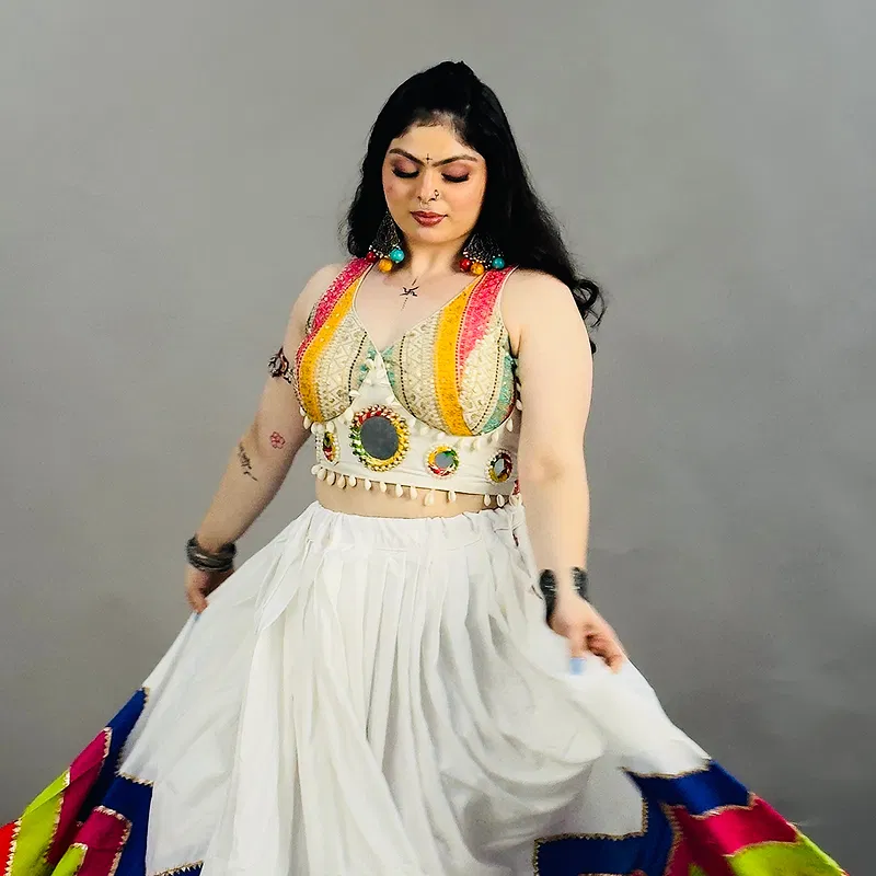 White Navratri Special Heavy Mirror Work Readymade Blouse