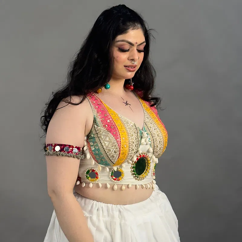 White Navratri Special Heavy Mirror Work Readymade Blouse