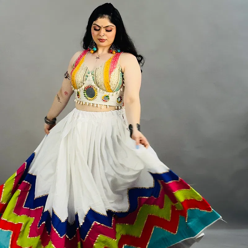 White Navratri Special Heavy Mirror Work Readymade Blouse