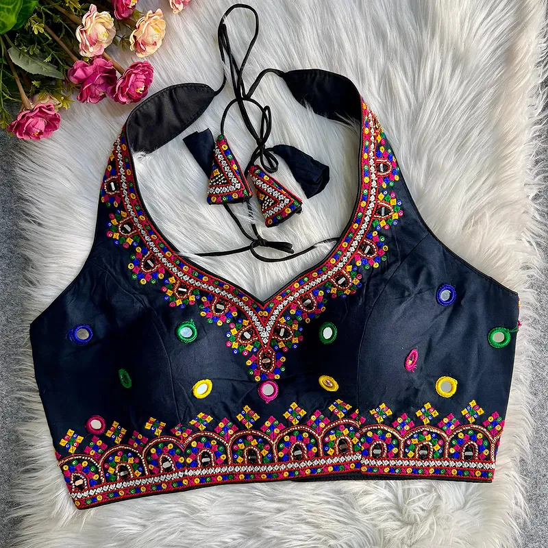 Black Navratri Special Heavy Embroidery Sequence Mirror Work Readymade Blouse