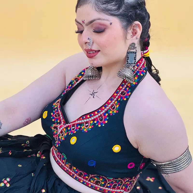 Black Navratri Special Heavy Embroidery Sequence Mirror Work Readymade Blouse