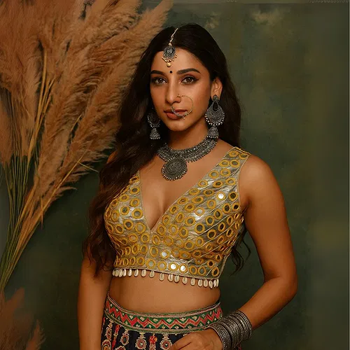 Golden Color Navratri Special Readymade Mirror Work Blouse