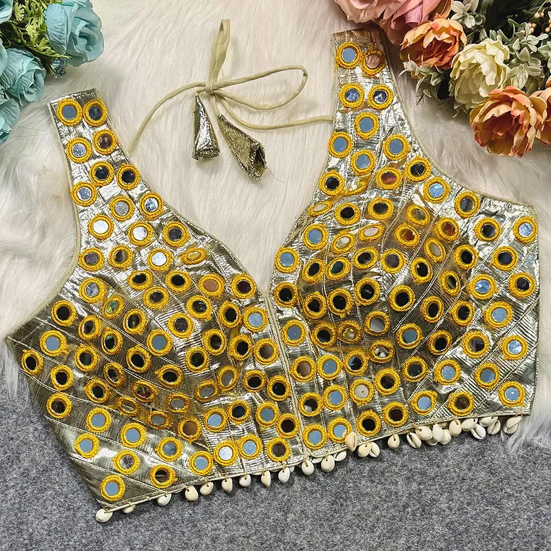 Golden Color Navratri Special Readymade Mirror Work Blouse