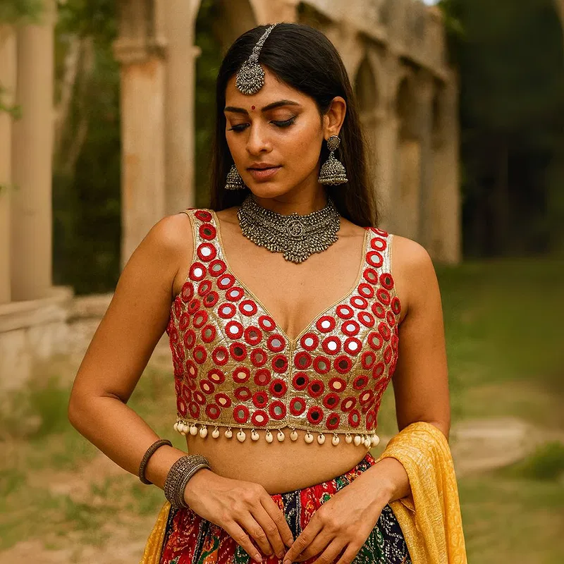 Red Color Navratri Special Readymade Mirror Work Blouse