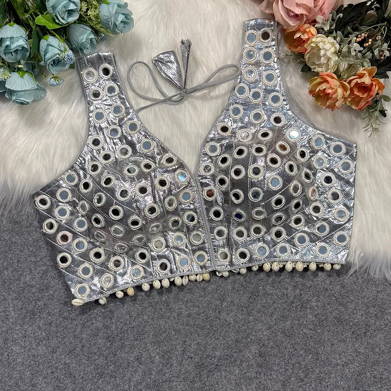 Silver Color Navratri Special Readymade Mirror Work Blouse