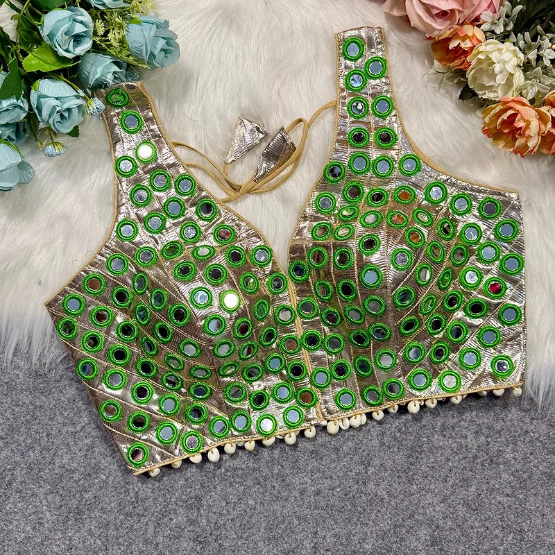 Green Color Navratri Special Readymade Mirror Work Blouse