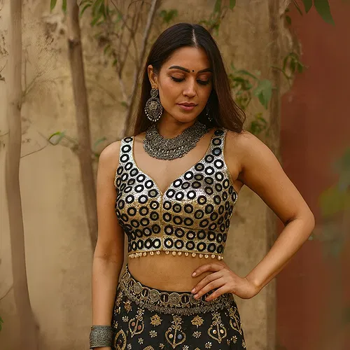 Black Color Navratri Special Readymade Mirror Work Blouse