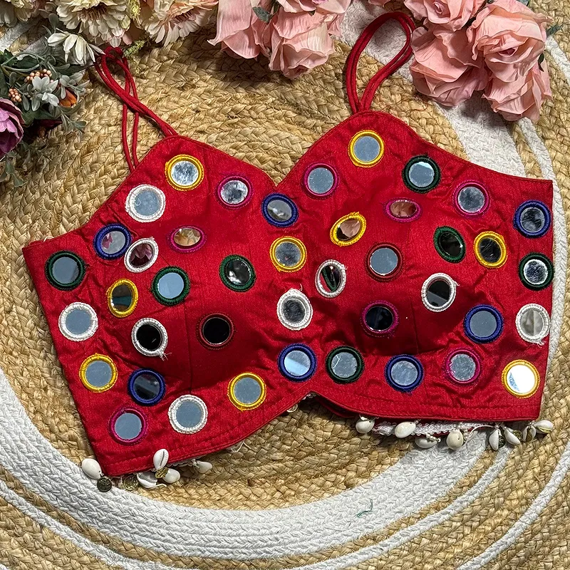 Red Silk Navratri Choli with Mirror Work and Dori Sleeves