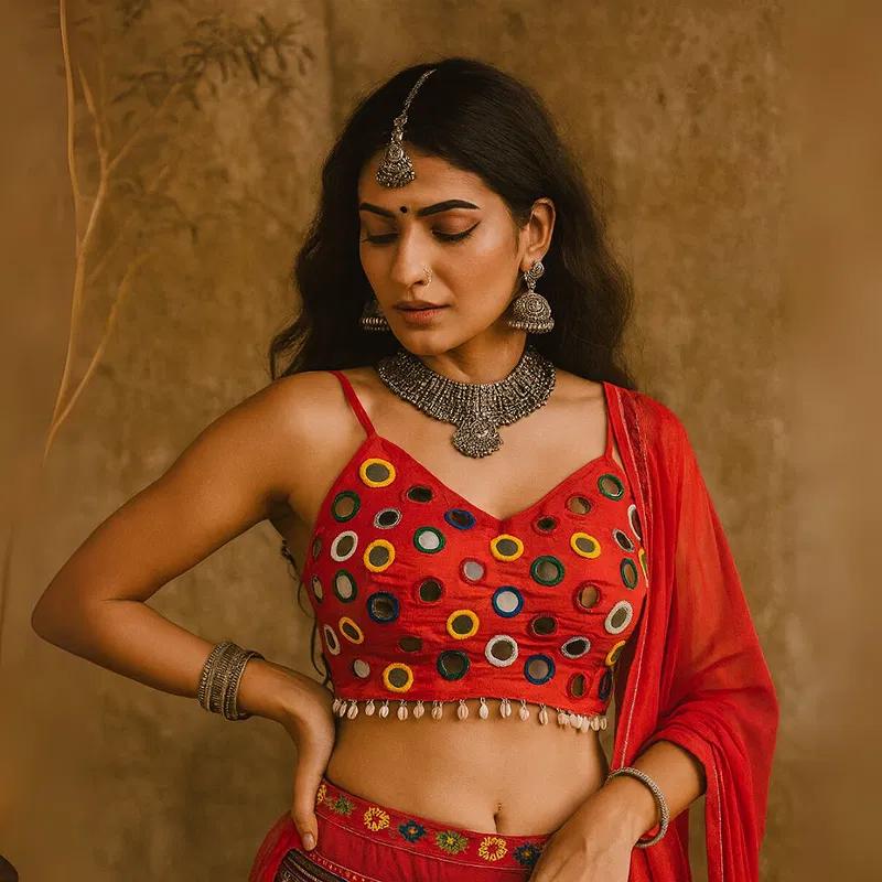 Red Silk Navratri Choli with Mirror Work and Dori Sleeves