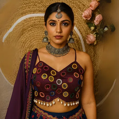 Wine Silk Navratri Choli with Mirror Work and Dori Sleeves