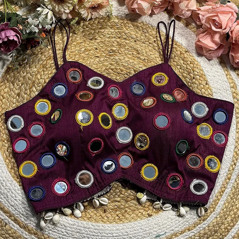 Wine Silk Navratri Choli with Mirror Work and Dori Sleeves