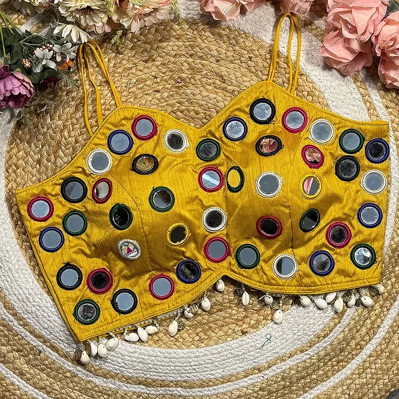 Yellow Silk Navratri Choli with Mirror Work and Dori Sleeves