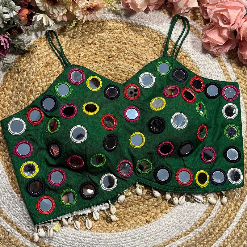 Bottle Green Silk Navratri Choli with Mirror Work and Dori Sleeves