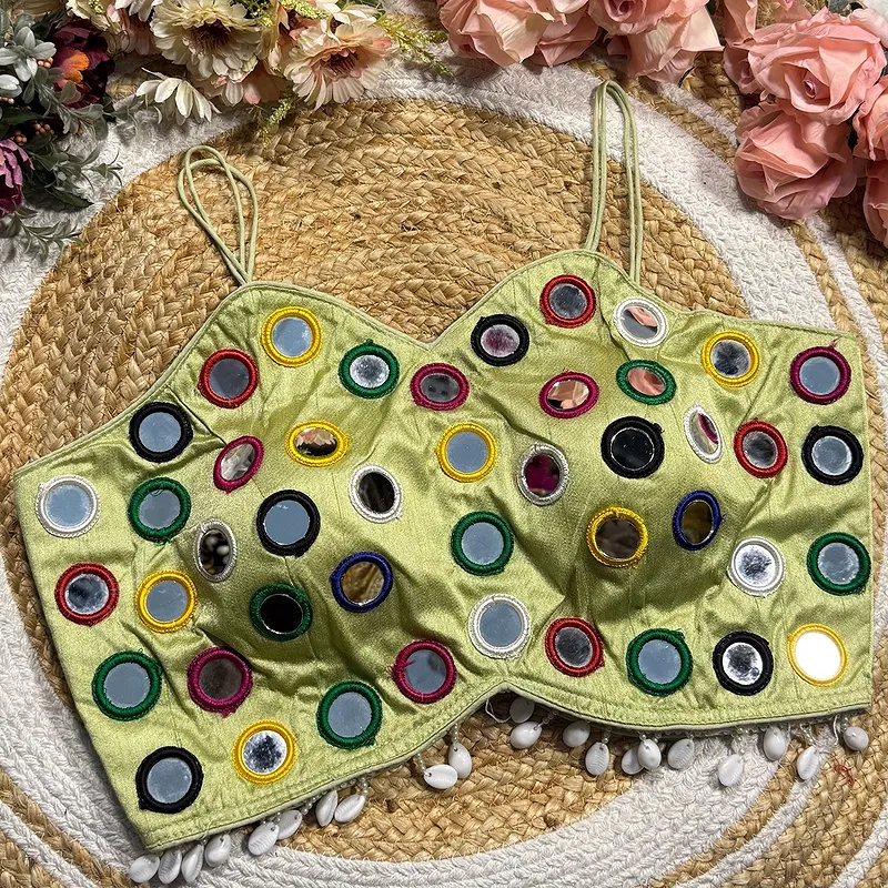 Pista Green Silk Navratri Choli with Mirror Work and Dori Sleeves