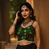 Bottle Green Silk Navratri Choli with Mirror Work and Dori Sleeves