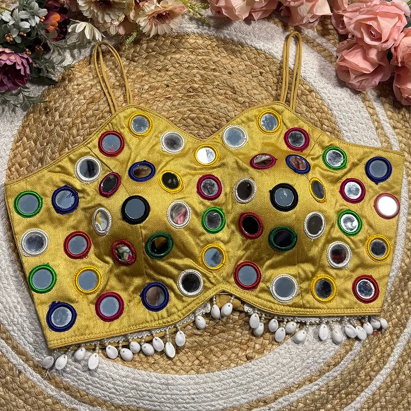 Gold Silk Navratri Choli with Mirror Work and Dori Sleeves