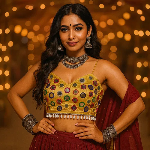 Gold Silk Navratri Choli with Mirror Work and Dori Sleeves