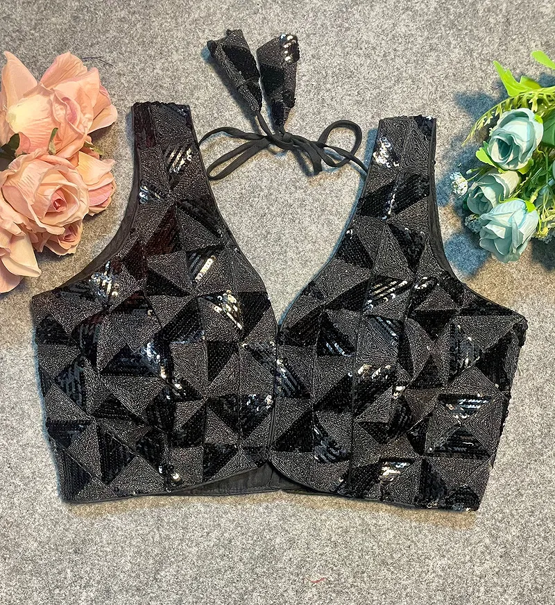 Black Deep Neck Partywear Sequence Blouse.
