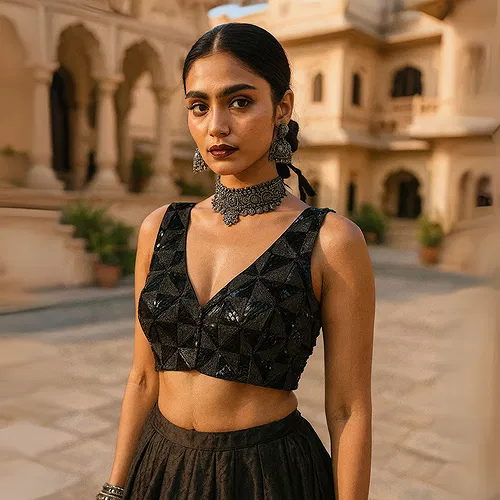 Black Deep Neck Partywear Sequence Blouse.