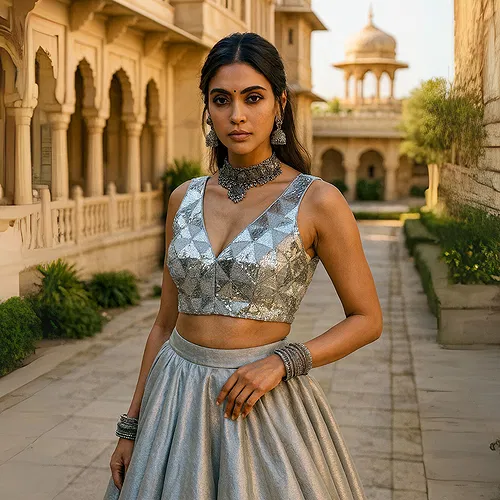 Silver Deep Neck Partywear Sequence Blouse.