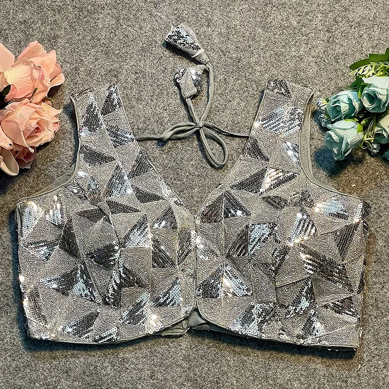 Silver Deep Neck Partywear Sequence Blouse.