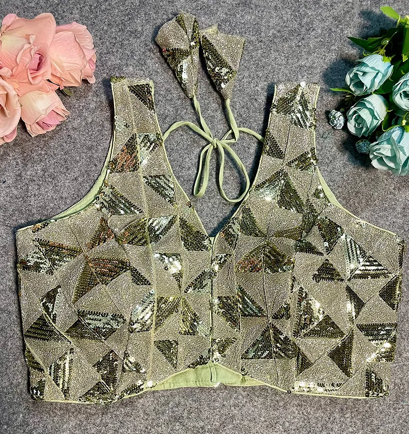 Pista Green Deep Neck Partywear Sequence Blouse