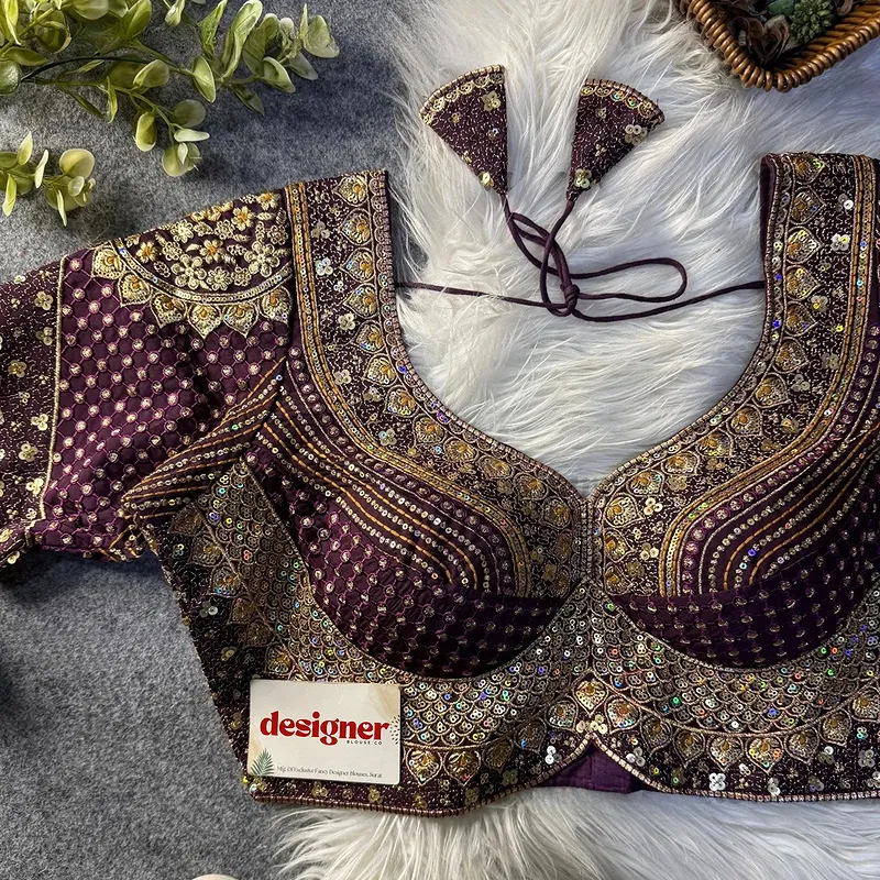 Sabyasachi inspired Wine Bridal Hand Work Georgette Blouse 