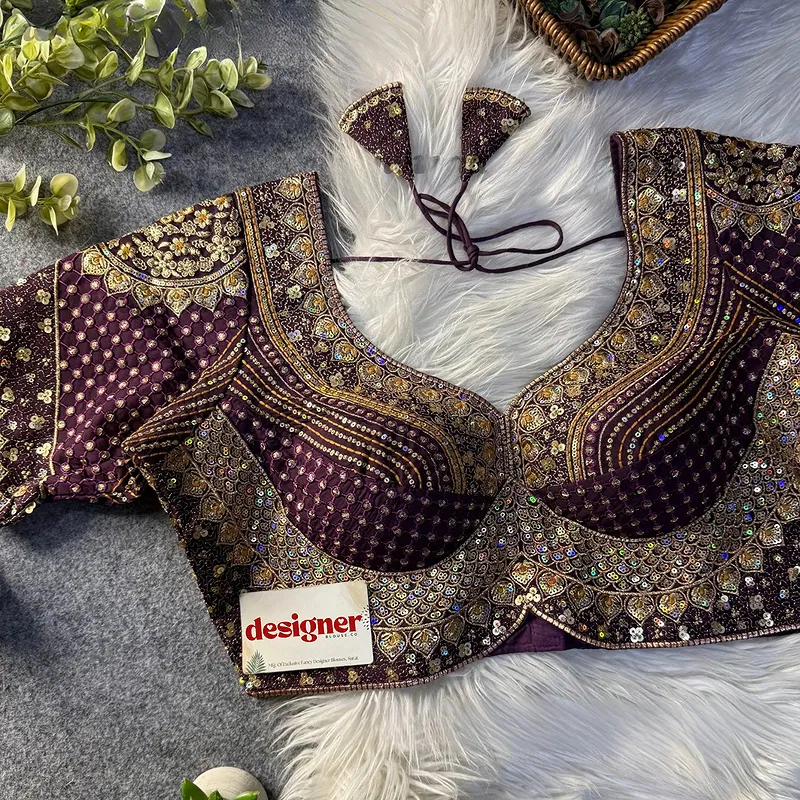 Sabyasachi inspired Wine Bridal Hand Work Georgette Blouse 