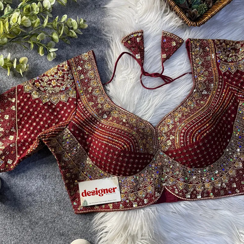 Sabyasachi inspired Maroon Bridal Hand Work Georgette Blouse 