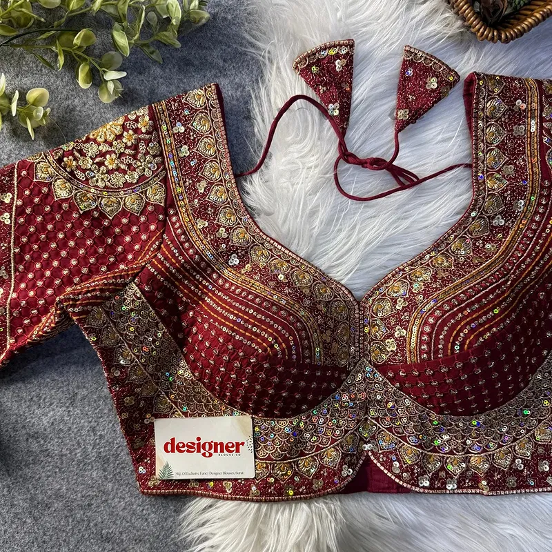 Sabyasachi inspired Maroon Bridal Hand Work Georgette Blouse 