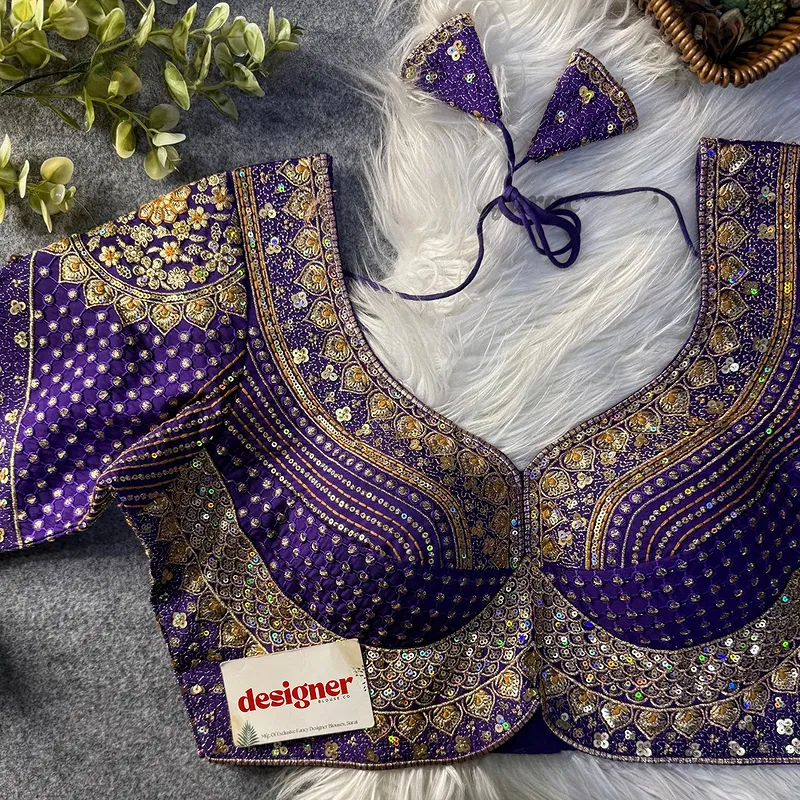 Sabyasachi inspired Purple Bridal Hand Work Georgette Blouse 