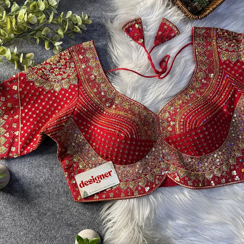 Sabyasachi inspired Red Bridal Hand Work Georgette Blouse 