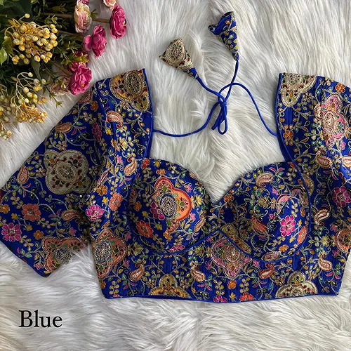 Royal Blue Kolkatta Style Position Print WIth Codding Work Partywear Blouse