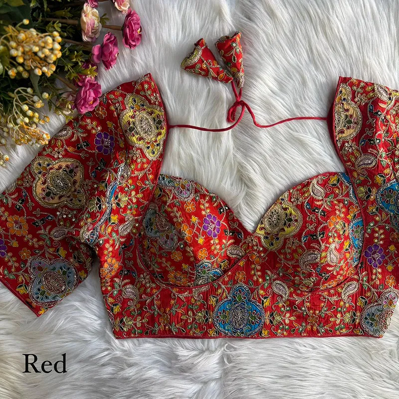 Red Kolkatta Style Position Print WIth Codding Work Partywear Blouse
