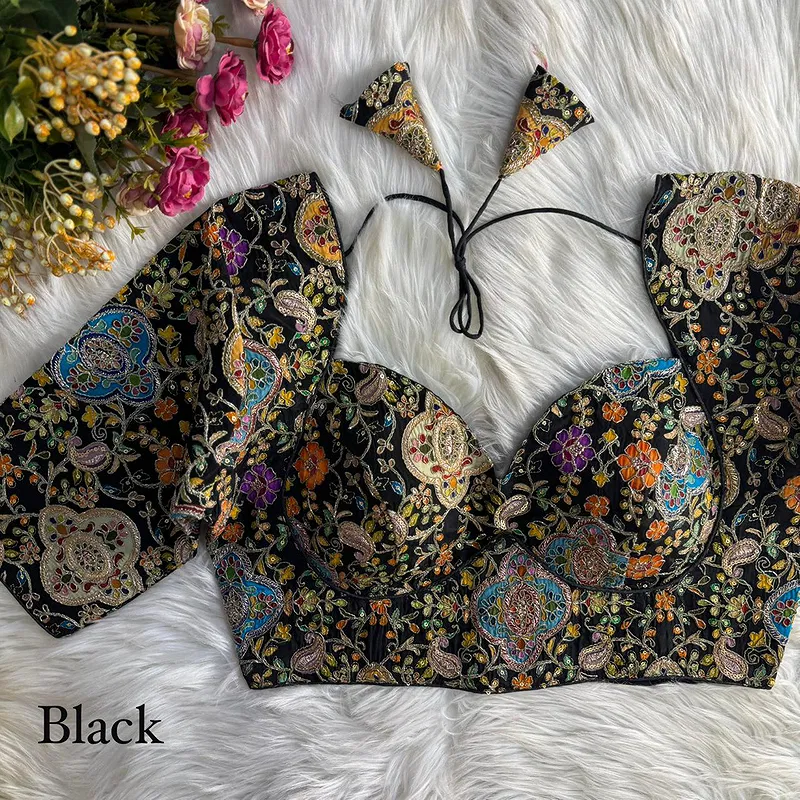 Black Kolkatta Style Position Print WIth Codding Work Partywear Blouse