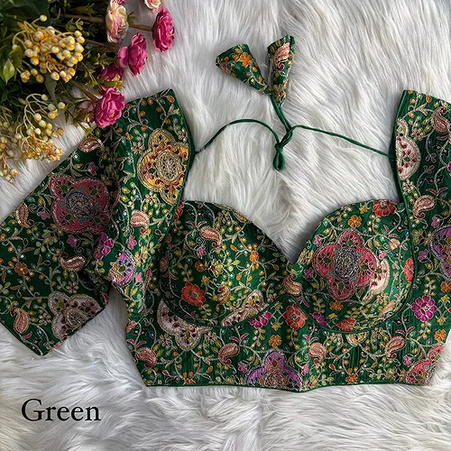 Green Kolkatta Style Position Print WIth Codding Work Partywear Blouse