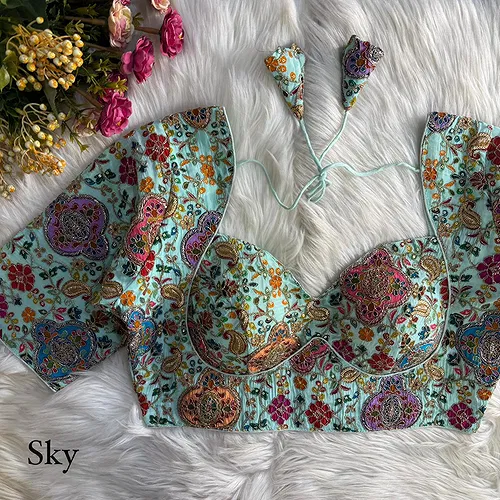 Sky Blue Kolkatta Style Position Print WIth Codding Work Partywear Blouse