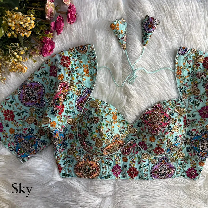 Sky Blue Kolkatta Style Position Print WIth Codding Work Partywear Blouse