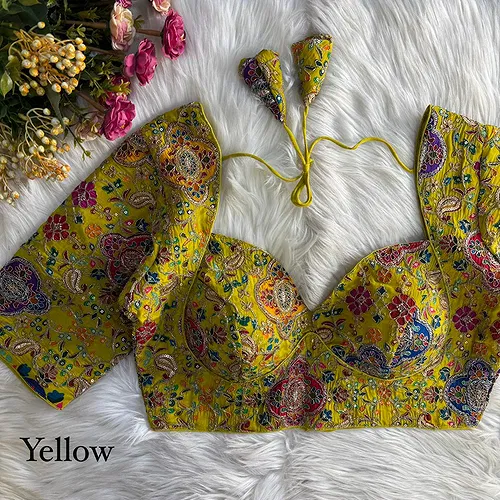 Yellow Kolkatta Style Position Print WIth Codding Work Partywear Blouse